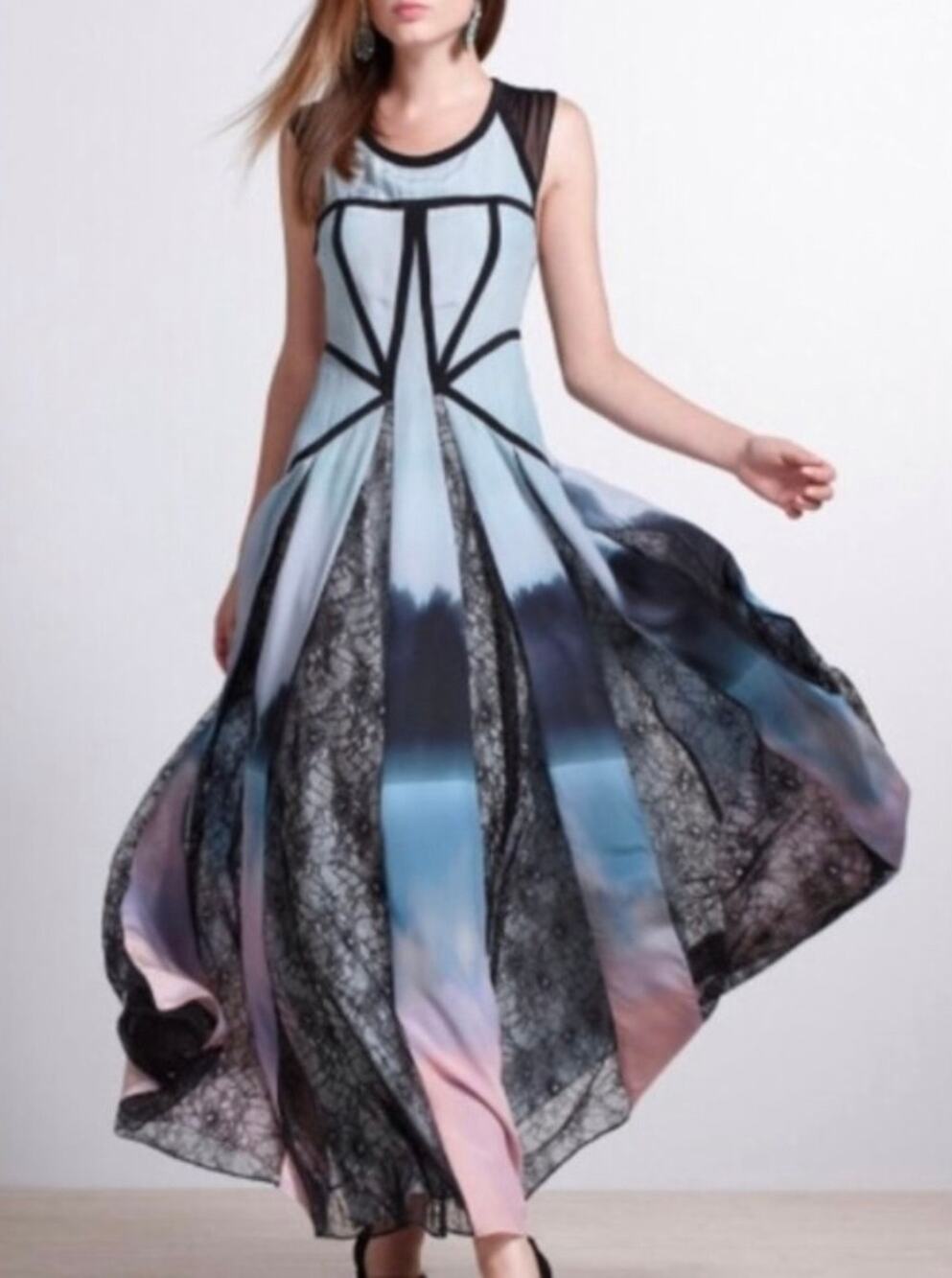 Anthropologie Sophie Duran Hazy Woods Watercolor Ombre Silk Lace Maxi Dress
